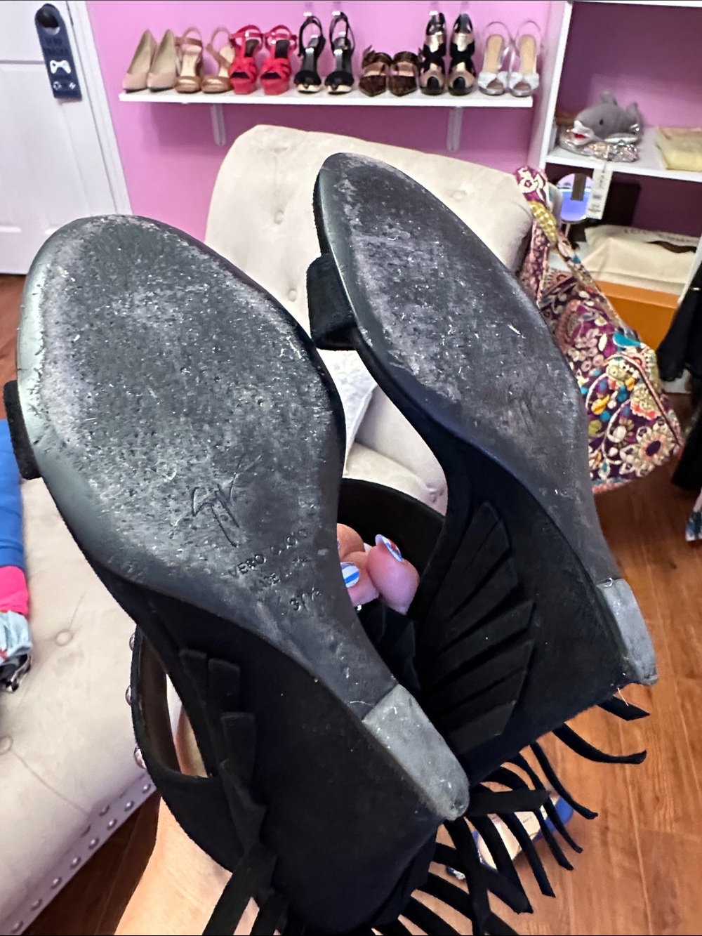 Giuseppe Zanotti Black Studded Fringe Suede Block Heel Sandals - Picture 3 of 4